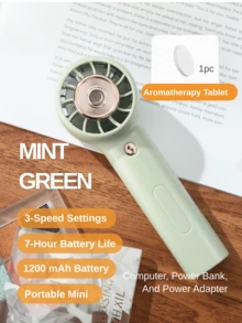 LEVIATECH 1个便携式手持迷你风扇，3档风速调节，内置1200mAh可充电锂电池，7小时续航，专为女性化妆设计，USB接口，配有腕带和挂绳，适合海滩、办公室、户外等场合使用。 - 查看 8