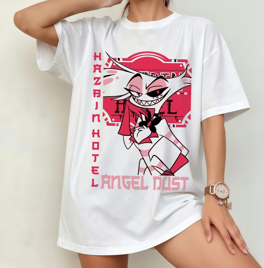 Angel Dust HazbinHotel Retro Anime Aesthetic T-Shirt | Nostalgia Unisex Crew Neck Fan Merch White - 白色 - 查看 1