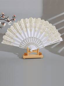 女士白色手持折叠扇，饰有金色花朵，时尚舞扇 - 彩色 - 查看 1