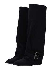 Y2K Retro Black Slouchy Trouser Boots Metal Buckle Decor Low Block Heel Knee High Festival Outfit Slouchy Boots - 黑色 - 查看 2