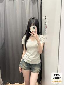 V领短袖T恤，百搭纯色修身打底衫，女士夏季休闲穿搭 - 花灰色 - 查看 2