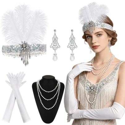 4pcs Set Includes: 1pc Feather Headpiece, 1 Pair Pendant Earrings, 1pc Necklace, 1 Pair Gloves, Suitable For Women's Wedding, Party, Masquerade Ball, Vintage, Elegant, High-End Accessories, 1920s Flapper Style Accessories, Suitable As Gift For Girlfriend, Mother, Birthday, Holiday