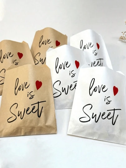 10-50pcs "Love Is Sweet" Gift Bags, Wedding Candy Paper Bags, Kraft Paper Cookie Bags, Holiday Party Decor, Gift Bags Suitable For Valentine's Day, Anniversary, Wedding Celebration, Bridal Shower, Romantic Gift Packaging And Holiday Events, Gift Decoration Packaging, Baking Packaging Bags, Jewelry And Accessories Packaging, Gift Hanging Bags, Birthday Gift Jewelry Drawstring Bags, Wedding Party Bags