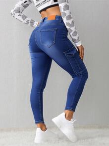 1 par de vaqueros con efecto lavado, diseñados para mujeres que buscan un estilo urbano y chic, la elección perfecta para el día a día. - Azul - Ver 2
