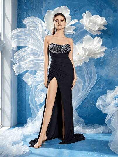 QOQ Charming Goddess Elegant Sequin Patchwork Strapless Slit Women's Evening Gown (Highly Embellished)