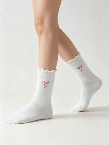 1/5 Pairs Cute Cartoon Pattern Frilled Trim Mid-Calf Socks, Versatile For Spring And Summer - Multicolor - View 3