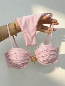 Swmmer Liket Sexy Metallic Jewelry Solid Color Bikini Women Swimsuit Set For Summer Beach Vacation - Pink - View 8