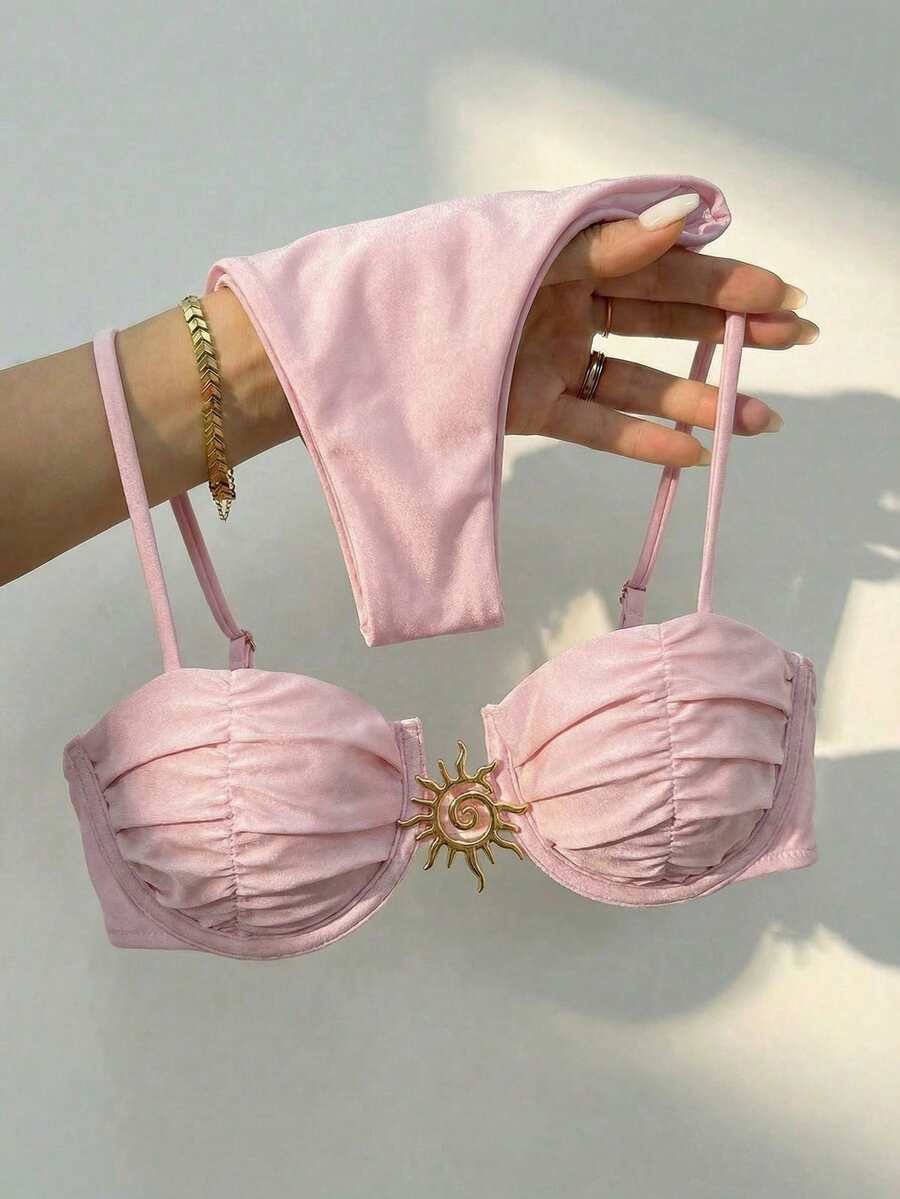 Bikinx Sexy Metallic Jewelry Solid Color Bikini Women Swimsuit Set For Summer Beach Vacation - 粉色 - 查看 1