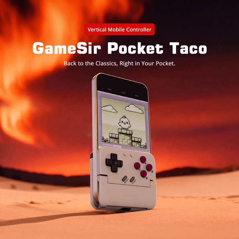 GameSir Pocket Taco Controlador de juegos retro compatible con iOS, Android, teléfonos móviles y 2/1 a través de conexión Bluetooth. Experiencia de juego vertical portátil y ligera. Diseño con almohadillas de silicona protectoras, modo de teclado incorporado y diseño de botones de membrana receptivos. Batería de 600mAh.