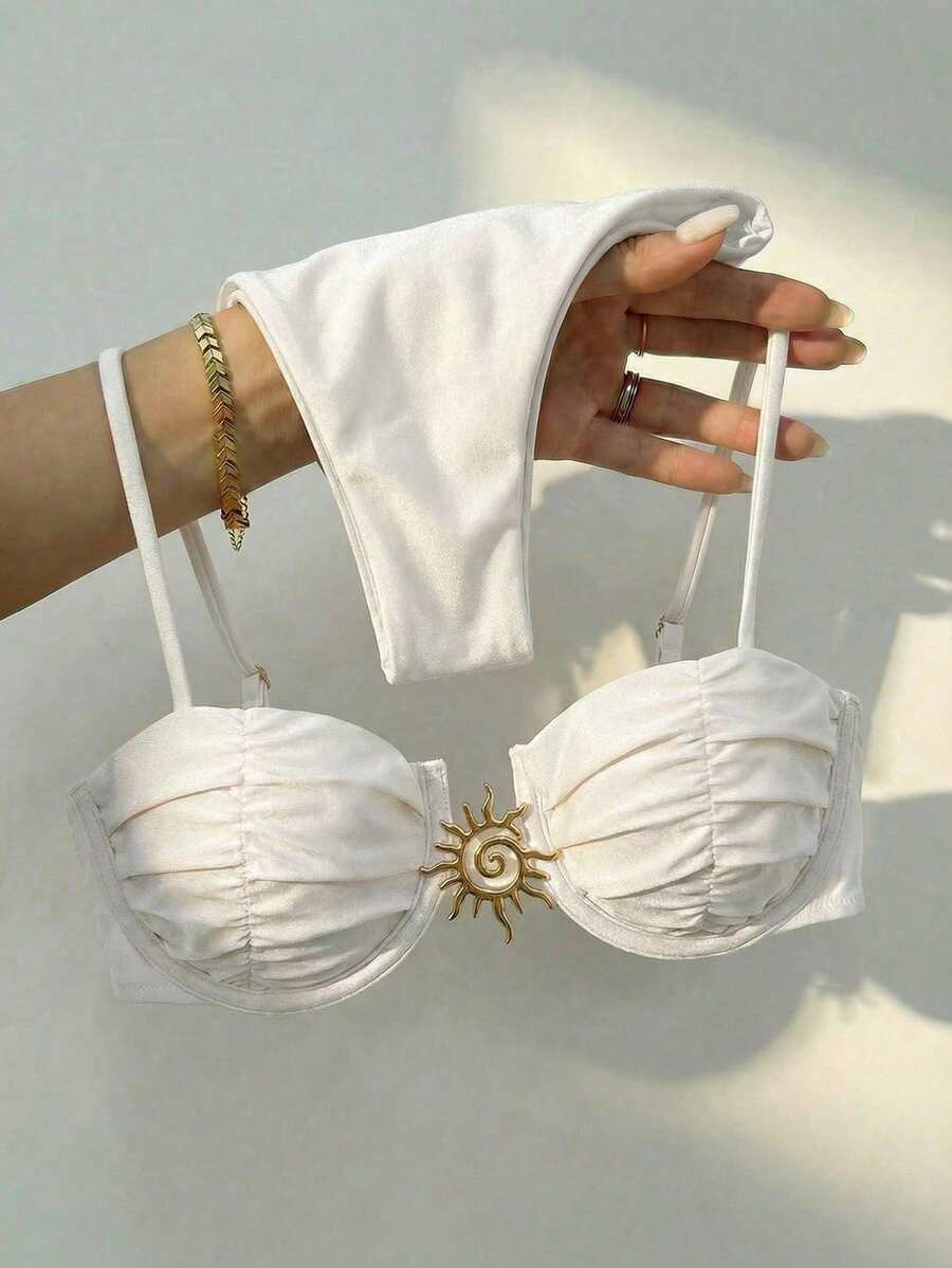 Sexy Metallic Jewelry Solid Color Bikini Women Swimwear Set For Summer Beach Vacation - White - View 1