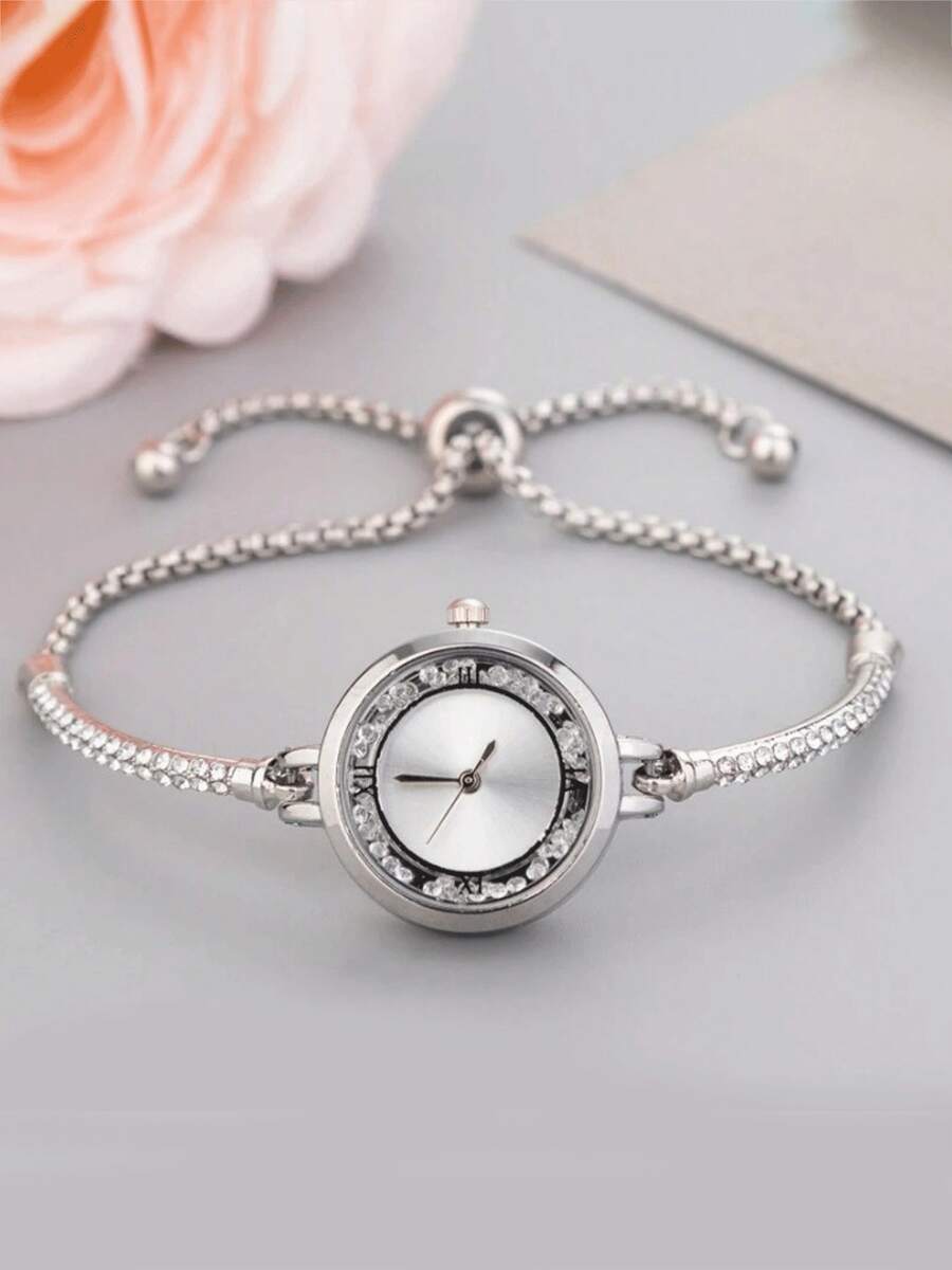 1 chiếc vòng tay dây rút điều chỉnh được đính ngọc trai và hạt cườm kèm đồng hồ thạch anh dành cho nữ - Bạc - Xem 1