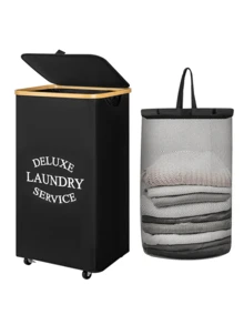 Giỏ đựng quần áo bẩn bằng tre cỡ lớn có bánh xe - Bao gồm lớp lót lưới, tay cầm và nắp đậy, giỏ đựng quần áo bẩn có thể gấp gọn, giỏ đựng quần áo bẩn dung tích cực lớn, thùng đựng quần áo bẩn bằng vải có thể gấp lại. - Nhiều màu - Xem 20