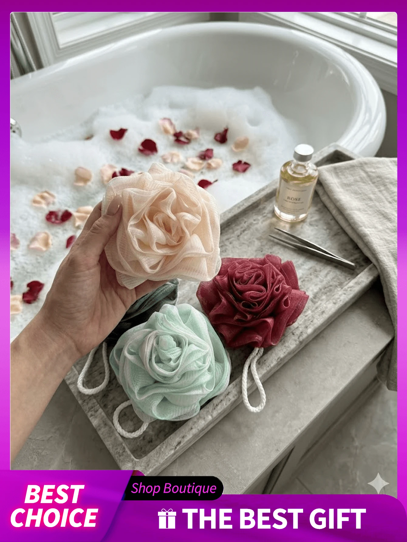 Rose Shaped Bath Sponge, Mesh Lather Bath Sponge, Large Exfoliating Bath Towel, Cleansing Foam Bath Sponge, Deep Cleaning Bath Sponge, Face & Body Shower Brush Ball, Fluffy Mesh Lather Bath Sponge, Bath Flower Ball, Bath Loofah Sponge (For Bathing & Back Massage), Bathroom Supplies, Home Goods, School Supplies, Back To School, Dorm Essentials