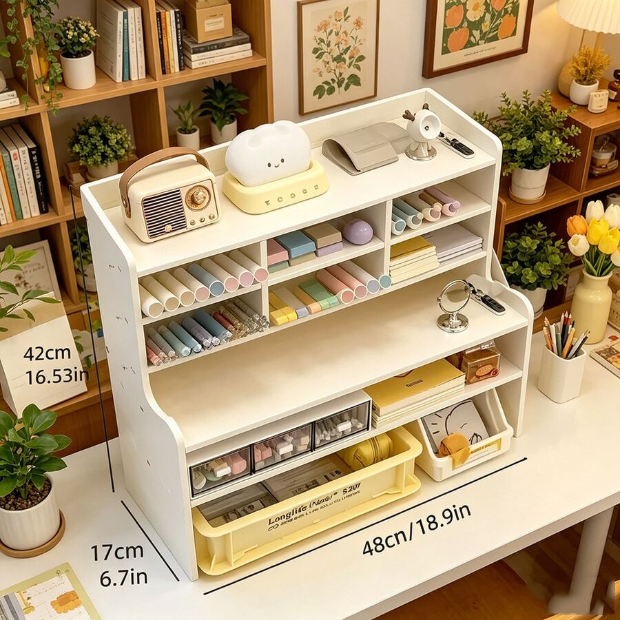 Upgraded Thickened Multi-Tier Desktop Shelf 1 Piece, Durable Plastic Rectangular Desk Organizer With Multi-Compartment Design, All-Purpose Storage For Cosmetics, Books & Stationery, Clean White Tabletop Storage For Home, Office & Dormitory - 白色大號 - 查看 1
