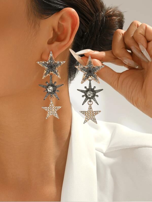 1 Pair ZA Vintage Silver Tone Multi-Layer Star Rhinestone Drop Earrings Glam Sparkle Dangle Earrings For Women Party Wedding Concert