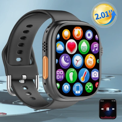 2.01英寸全屏金属机身智能手表，兼容iOS和安卓手机，支持通话/拨号，多种运动模式/海量表盘/内置游戏/AI语音控制/男女通用运动手表