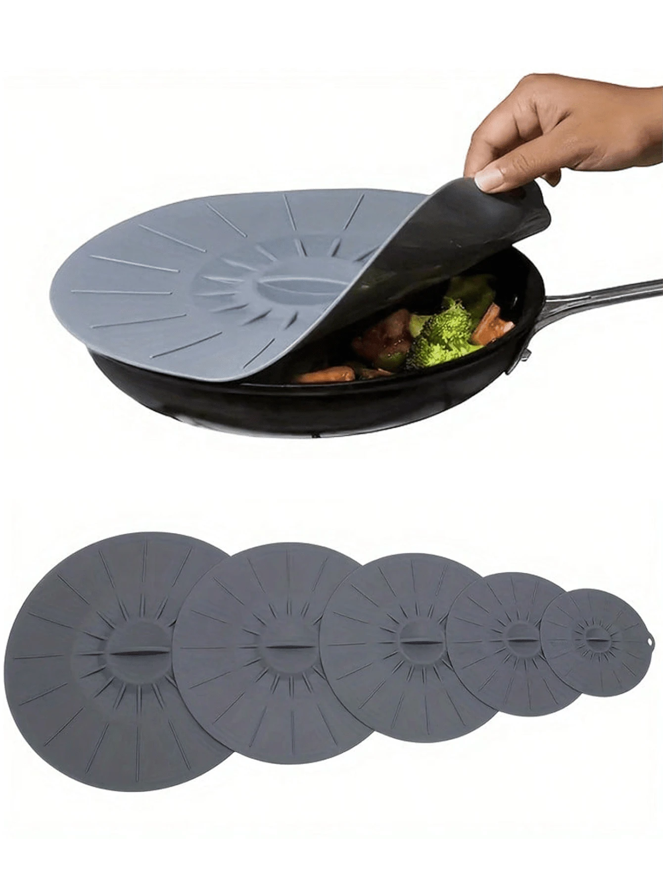 5 piezas de tapas de silicona para microondas, cubiertas de alimentos reutilizables, resistentes al calor, a prueba de polvo y salpicaduras, aptas para tazones, platos, ollas y sartenes, adecuadas para microondas, estufa, refrigerador y congelador - Gris - Ver 1