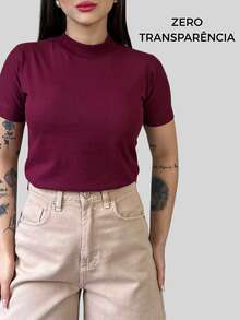 T-shirt Básica Lisa Blusa Gola Alta Manga Curta Camiseta Algodão Casual - Marsala - Visão 5
