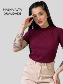 T-shirt Básica Lisa Blusa Gola Alta Manga Curta Camiseta Algodão Casual - Marsala - Visão 7