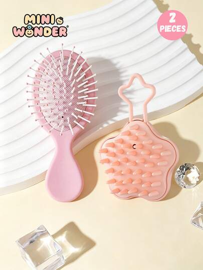 2pcs The Children's Cartoon Style Macaron Color Hair Comb Set Includes A Solid Color Oval Airbag Comb And A Star Massage Brush, As Well As A Dry And Wet Dual-Purpose Massage Hair Brush. It Is Portable And Suitable For Daily Home And Portable Travel