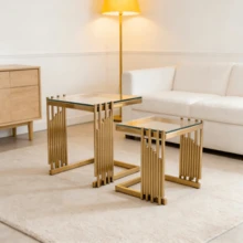 2-Piece Modern Square End Table Set For Living Room: Small Gold Side Table With Clear Tempered Glass Desk And Gold Stainless Steel Legs For Bedroom, Sofa, Balcony - 金色 - 查看 8