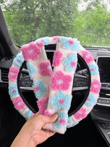 Juego de 3 piezas/2 piezas/1 pieza de accesorios interiores para automóvil, funda de volante y almohadillas para el hombro del cinturón de de peluche con estampado floral, antideslizante, cálido, lindo, personalizado, adecuado para todas las estaciones - Unitalla - Ver 24