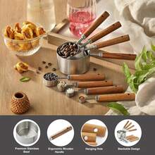 Bộ dụng cụ đong nướng 4/8 món, cốc và thìa đong bằng thép không gỉ, thìa đong cán gỗ hồng mộc, bao gồm cốc và thìa đong có vạch chia, thìa cà phê, thìa nêm gia vị, thích hợp cho việc làm bánh và nấu nướng, dụng cụ làm bánh. - Bạc - Xem 3