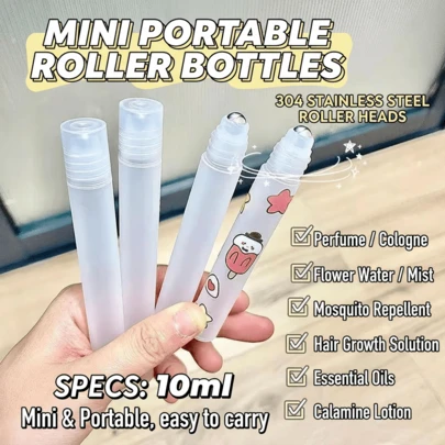 4pcs Refillable Roll-On Bottles 10ml Portable Travel Size Perfume, Floral Water, Camphor Oil, Essential Oil