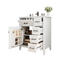76x46x90cm Freistehender Badezimmerwaschtisch, Lackerte Oberfläche, Vier Geräuschlose Schubladen, Klappschubladen, Schranktürregale, Schwarze Griffe, Integrated Keramikwaschbecken, White. - White - View 1