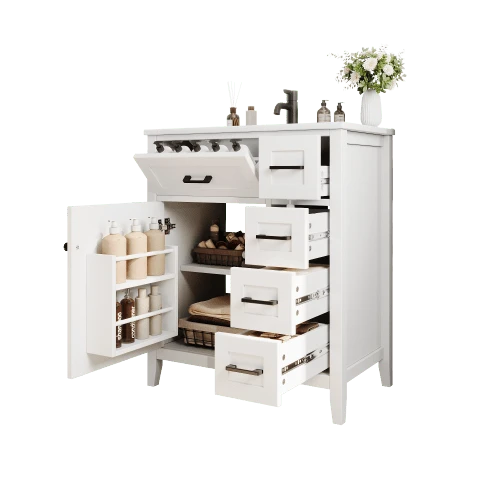 76x46x90cm Freistehender Badezimmerwaschtisch, Lackerte Oberfläche, Vier Geräuschlose Schubladen, Klappschubladen, Schranktürregale, Schwarze Griffe, Integrated Keramikwaschbecken, White. - White - View 1