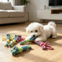 4 món đồ chơi kéo cho chó bằng dây thừng cotton an toàn, có nút thắt đôi, chống cắn, không gây sâu răng cho chó con trong giai đoạn thay răng, giúp làm sạch và làm dịu răng khi chó nghiến răng. Sản phẩm tốt. - Nhiều màu - Xem 4