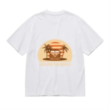 2026 Camiseta unisex de algodón casual de verano, estampada diseño playero surf atardecer, ropa de vacaciones, colores blanco y negro, tallas extras disponibles - Blanco - Ver 2