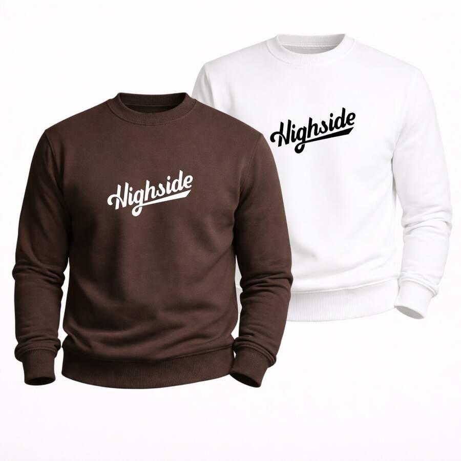 SET OF 2 HIGH NECK CREW NECK SWEATSHIRTS, STREETWEAR STYLE, PREMIUM EVERYDAY WINTER CLOTHING - WHITE aND BROWN - View 1