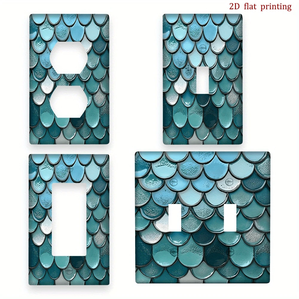 1pc Turquoise Blue & Turquoise Green Mermaid Scale Ceramic Light Switch Plate Cover - Glossy Shimmering Scales, Single/Double Outlet Cover, Easy Clip/Adhesive Installation, Suitable For Kitchen, Bathroom, Nautical & Ocean Themed (Mermaid, 2D Flat) - Multicolor - View 1