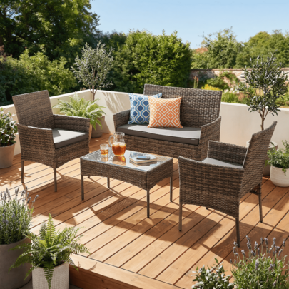 OYAJIA 4 Piece Rattan Seating Set –4-Seater Rattan Dining Set Garden Rattan Sofa With Cushions Complete Outdoor Garden Furniture Set – Steel Frame & PE Wicker Construction – Weather Resistant