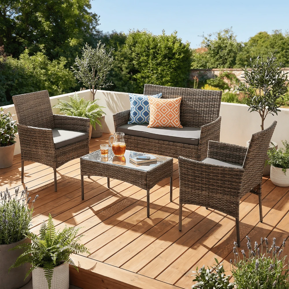 OYAJIA 4 Piece Rattan Seating Set –4-Seater Rattan Dining Set Garden Rattan Sofa With Cushions Complete Outdoor Garden Furniture Set – Steel Frame & PE Wicker Construction – Weather Resistant - B - View 1