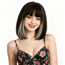 Peluca negra corta y recta de 12 pulgadas con flequillo, reflejos marrones, sintética resistente al calor de apariencia natural para uso diario de mujeres - Multicolor - Ver 15