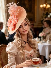 Women's Fascinators Hats Flower Wide Brim Church Hat For Women - Elegant Kentucky Fascinator With Bow,Bridal Wedding Tea Party Formal Flat Top Derby Hats - Hồng - Xem 5