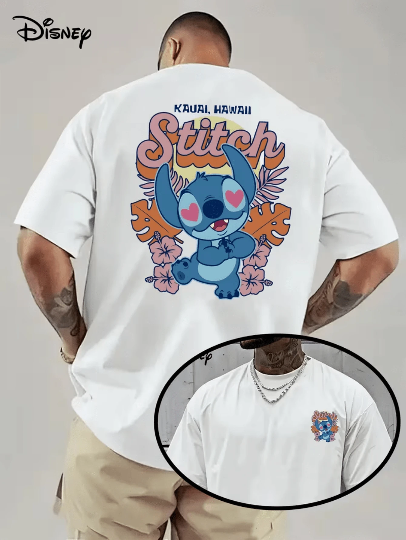 (Disney Licensed)Disney Lilo & Stitch Men's T-Shirt, Kauai Hawaii Stitch Graphic Tee, Oversized Crew Neck Short Sleeve Casual T-Shirt, Heart Eyes Stitch With Hibiscus Flowers Print Men's Summer Streetwear Top, Disney Officially Authorized Men's Short-Sleeved T-Shirts, Mens Clothes, Men, Ropa De Hombre, Summer Clothes, Men Shirts, Graphic Tees, Disney Outfits Men, Graphic Tees, Camisetas Para Hombre, Camisas Para Hombre, Summer Outfits For Men, Father's Day Gift, Perfect Gift For Family And Friends, Which Are Necessary For Birthday Parties, Disney Shirts, Mens Clothes, Summer Clothes, Officially Licensed Disney T-Shirts, Disney Men's And Women's Spring/Summer Fashion Casual Short-Sleeve T-Shirts - 白色 - 查看 1