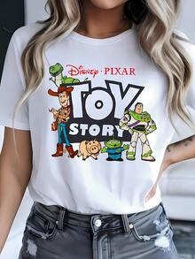 Women's Casual Disney Toy Story Graphic Print Short Sleeve T-Shirt In Black Cotton, Regular Fit Round Neck Tee With Slight Stretch Fabric, Men's Sizes Suitable For The Whole Family - 白色 - 查看 1