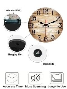 1pc Vintage Wood Grain Pattern Round Wall Clock, Suitable For Home, Office And School Decoration, Requires AA Battery (Not Included) - 彩色 - 查看 4