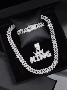 3pcs Miami Cuban Link Necklace/Bracelet/Pendant Set, Hip Hop Fashion Letter Pendant Necklace, Men's Party & Music Festival Jewelry, Bold Design For Casual Outfit, Multifunctional Jewelry Accessory Gift - Letter Necklace - View 1