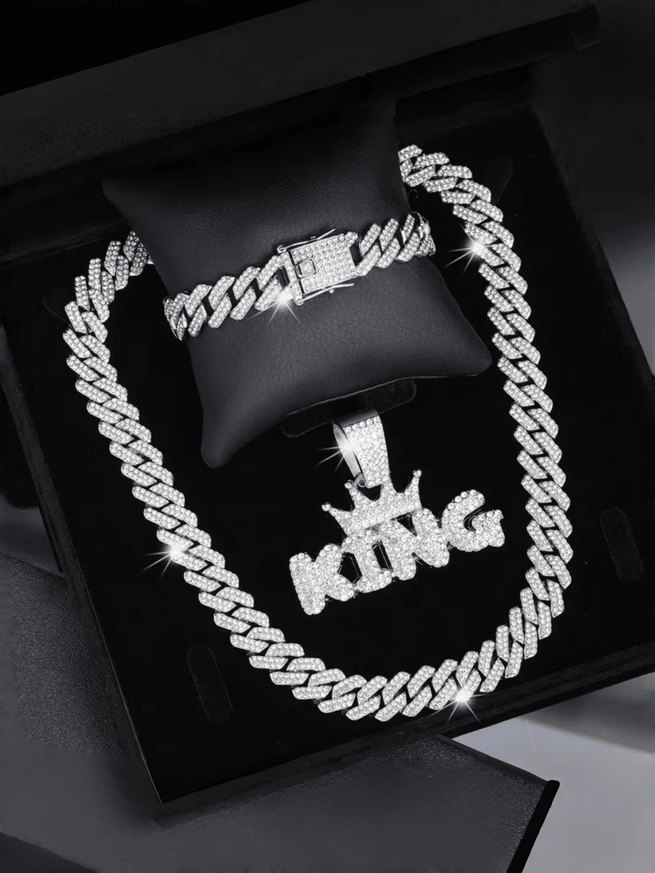 3pcs Miami Cuban Link Necklace/Bracelet/Pendant Set, Hip Hop Fashion Letter Pendant Necklace, Men's Party & Music Festival Jewelry, Bold Design For Casual Outfit, Multifunctional Jewelry Accessory Gift - Letter Necklace - View 1