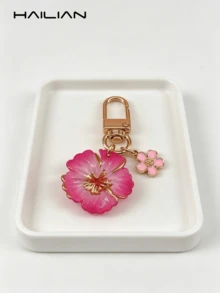HAILIAN Llavero con flor linda, colgante de bolso de resina de hibisco con degradado y mini flor colgante, llavero chapado en oro, adecuado para billetera, mochila, bolso de mano, decoración de llaves de coche, gran regalo para mujeres y niñas (disponible en rosa/rojo) - Rosa Fucsia - Ver 5
