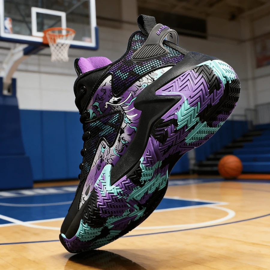 Men's Basketball Shoes Mesh Graffiti Breathable Shock-Absorbing Fitness Sneakers Comfortable Casual Sports Shoes For Men Note: Asymmetrical Camouflage Pattern On Upper, Asymmetrical Pattern On Sole - Black and Purple - View 1