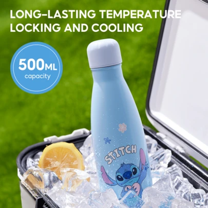  Miniso Disney Stitch Double Layers Stainless Steel Vacuum Insulated VVater Bottle-Cola Shape Thermo-Reusable Metal Water Bottle-Leak-Proof Sports Flask 500ml