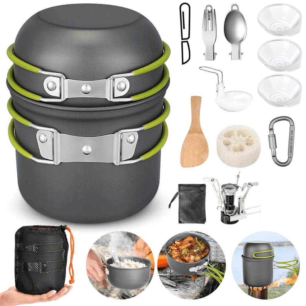 15-teiliges Outdoor Kochset Camping Kochgeschirr Set - mit Kocher, Topf, Pfanne, Besteck & Becher