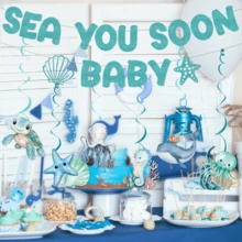 青色 SEA YOU SOON BABY 吊掛式橫幅套組，海洋主題海生物派對裝飾，適用於嬰兒派對與慶祝活動 - 彩色 - 查看 6