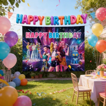 1 tấm phông nền chụp ảnh sinh nhật chủ đề Thợ săn phù thủy Hàn Quốc màu tím, trang trí tiệc, kiểu ngẫu nhiên.