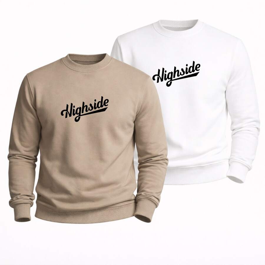 SET OF 2 HIGH NECK CREW NECK SWEATSHIRTS, STREETWEAR STYLE, PREMIUM EVERYDAY WINTER CLOTHING - WHITE aND BEIGE - View 1